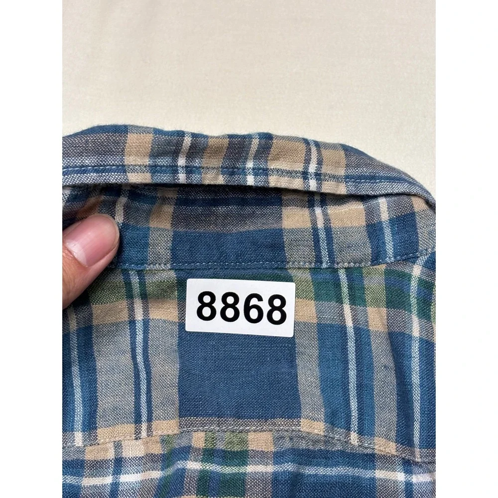 J. Crew Slim Fit Linen Cotton Plaid Short Sleeve Shirt Blue Green BP972 Mens M